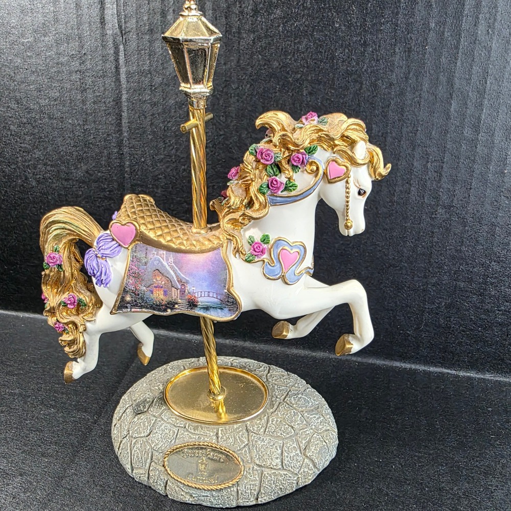 Thomas Kinkade Sweetheart Carousel Horse Figurine White Gold Pink Floral Hearts